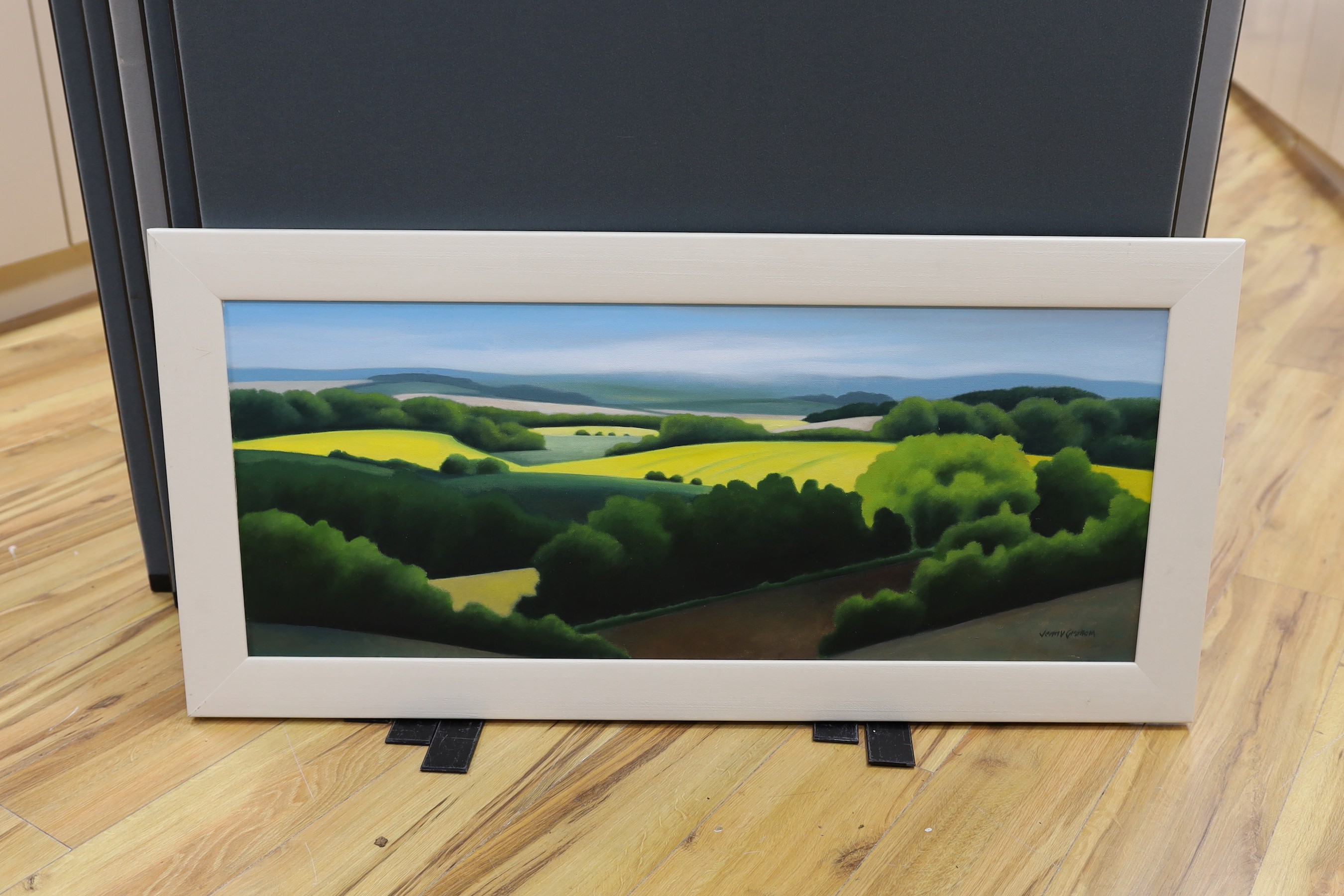 Jenny Graham (b.1946), oil on canvas, 'Yellow Fields', signed, 40 x 98cm
